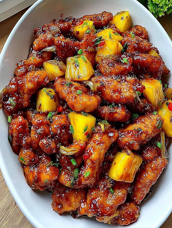 Brown sugar pineapple sauce being mixed in a glass bowl with whisk