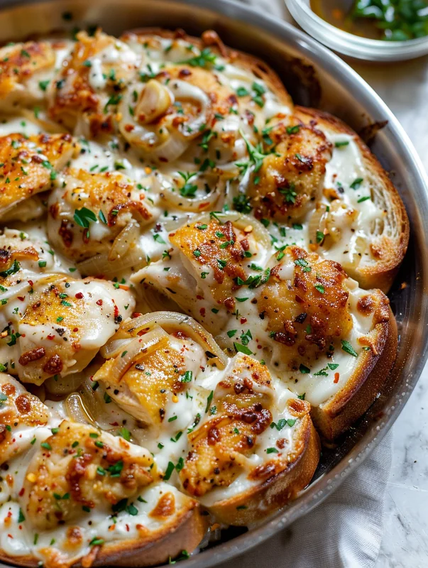 Finished Chicken Alfredo Garlic Bread sliced and ready to serve with melted cheese