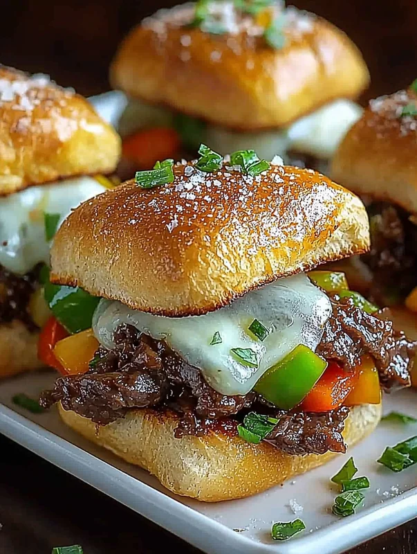 Assembled philly cheesesteak sliders before baking with cheese on top