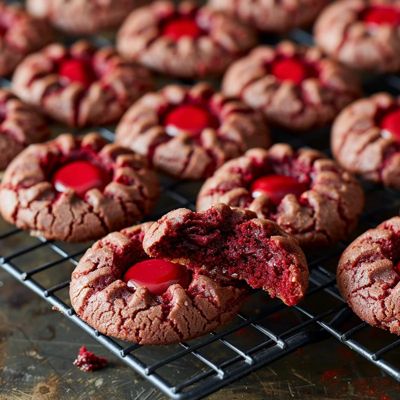 Close-up of red velvet cookie dough balls rolled in sugar