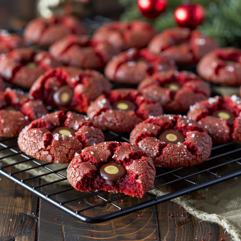 Red velvet blossom cookies fresh from the oven on baking sheet