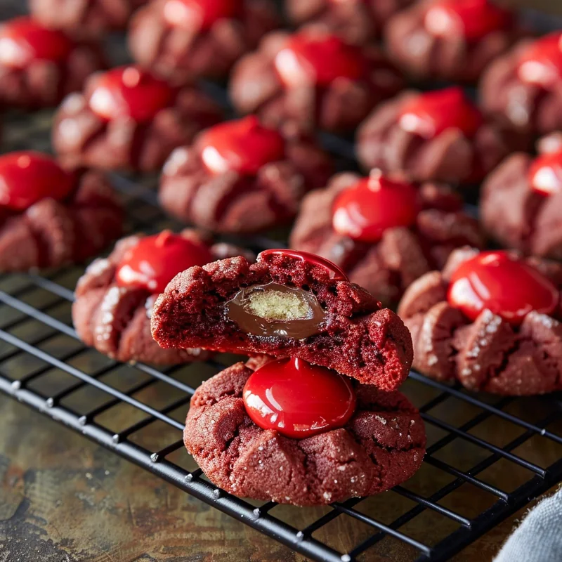 Finished red velvet blossom cookies arranged on serving platter
