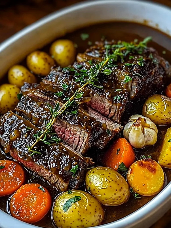Searing beef chuck roast in skillet for Amish pot roast