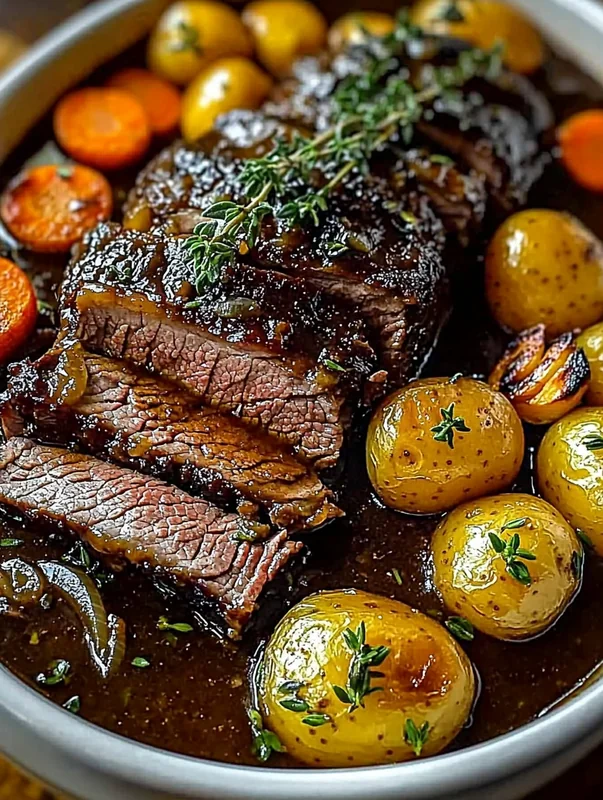 Finished slow cooker Amish pot roast with vegetables ready to serve