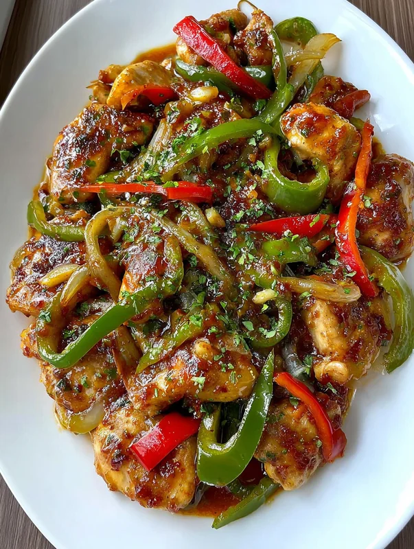 Finished spicy bell pepper chicken plated with rice