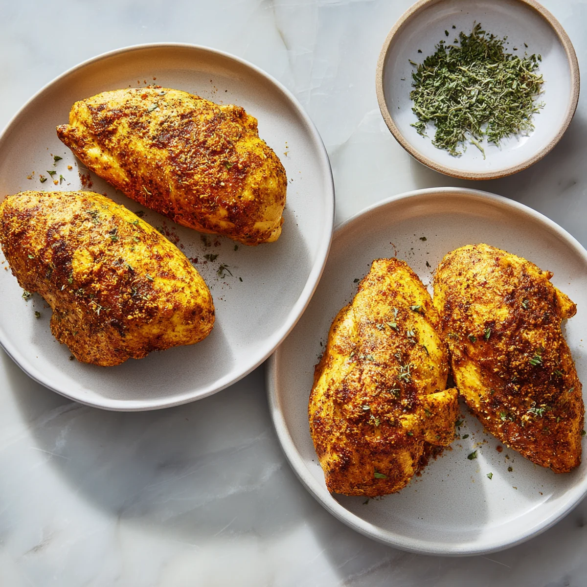 Air fryer chicken breast recipe ingredients laid out showing spices and raw chicken breasts