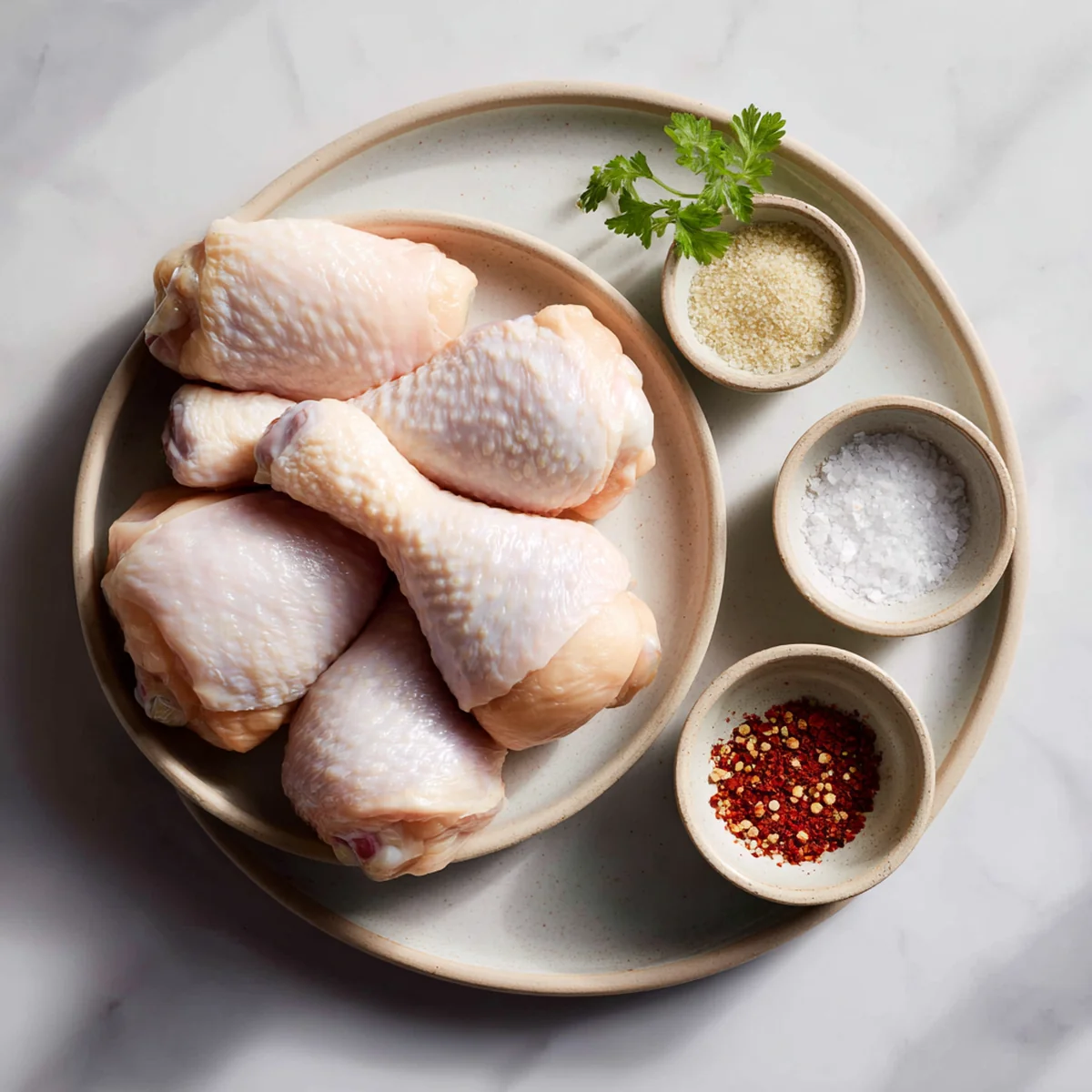 Step-by-step process showing air fryer chicken drumsticks being coated with seasoning mix
