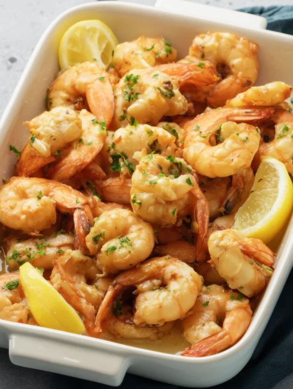 baked garlic butter shrimp with fresh parsley and lemon wedges (baked garlic butter shrimp natural)