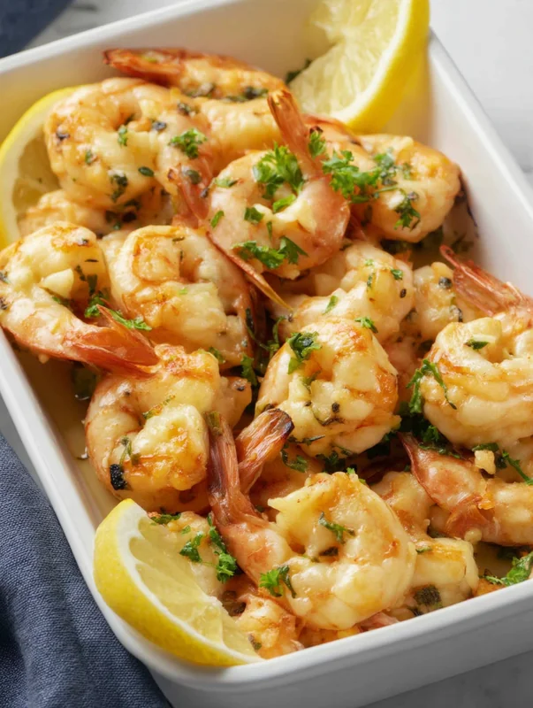baked garlic butter shrimp ready to serve with bread (healthy baked garlic butter shrimp)