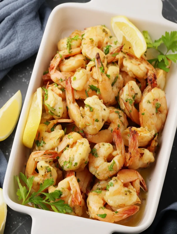 baked garlic butter shrimp plated with lemon and parsley (BAKED GARLIC BUTTER SHRIMP)