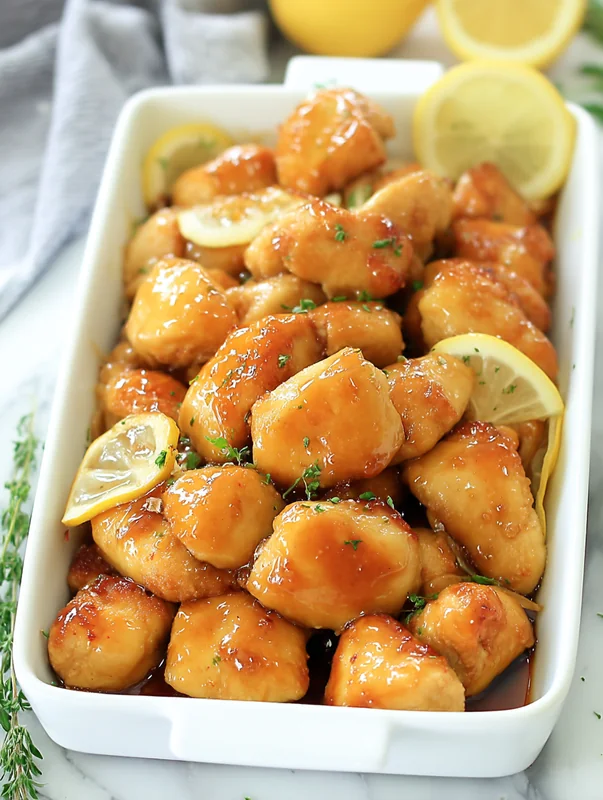 baked honey lemon chicken closeup with lemon slices and honey glaze (how to make baked honey lemon chicken)