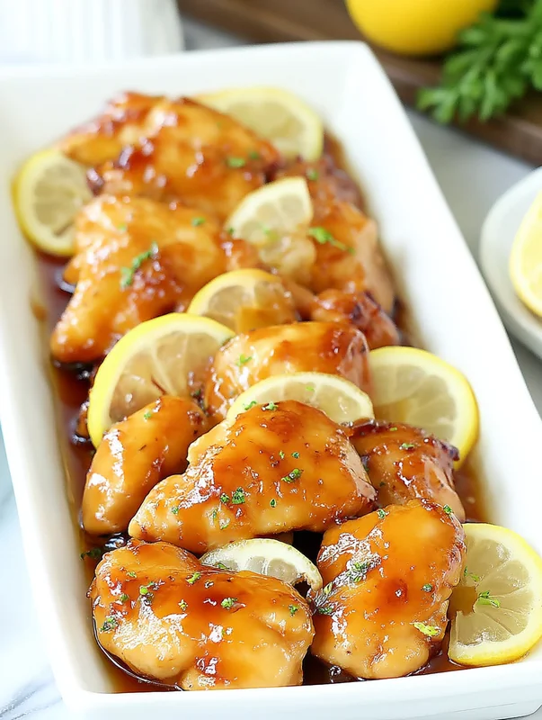 baked honey lemon chicken served with rice and lemon wedges (healthy baked honey lemon chicken)