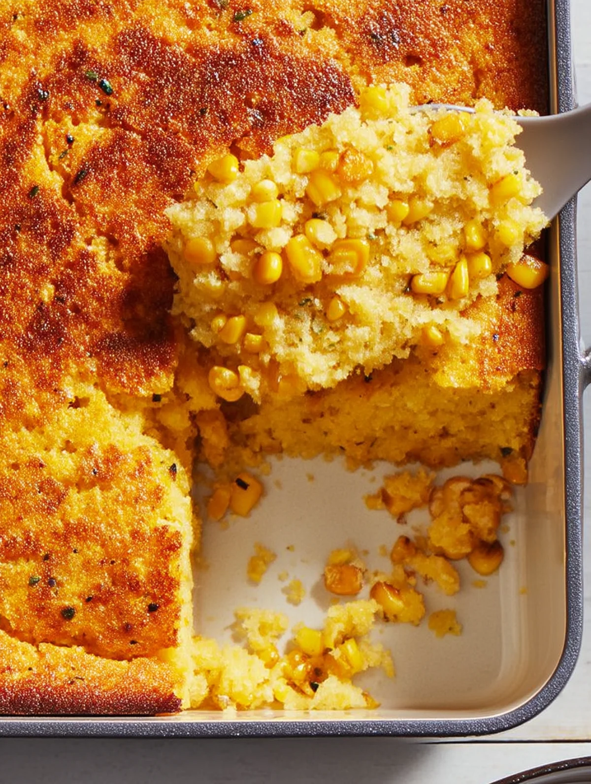 Corn casserole recipe batter poured into a buttered baking dish