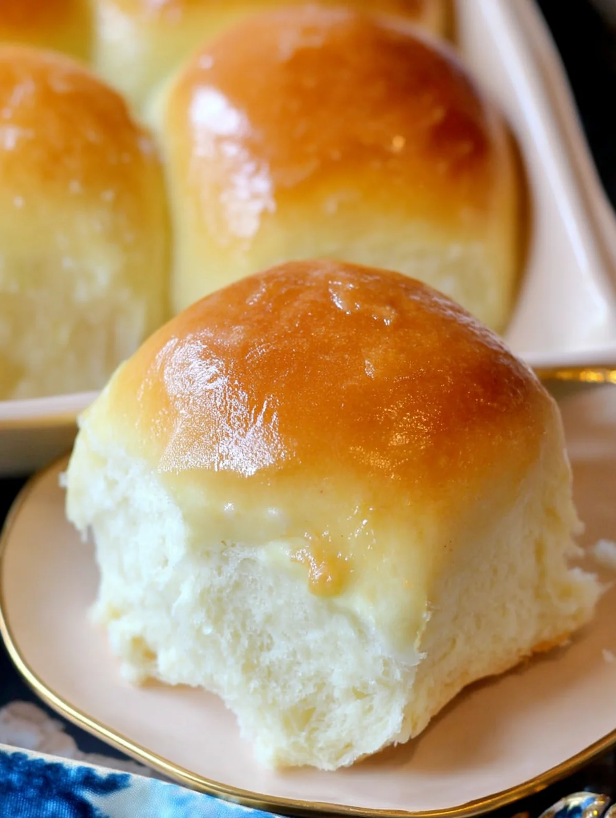 Perfect dinner roll recipe results showing fluffy golden rolls brushed with melted butter