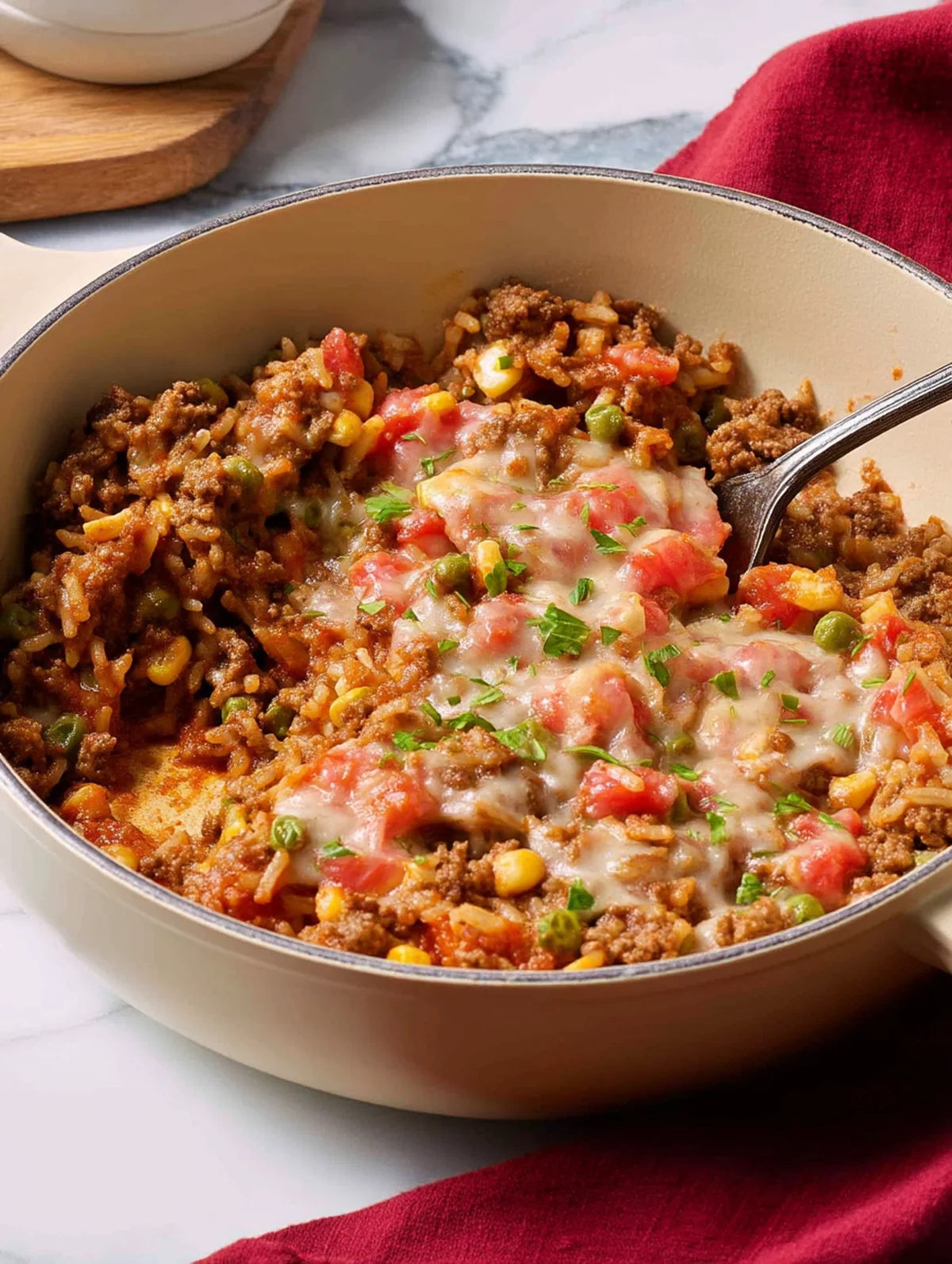 Ground beef and rice recipes step showing beef browning with diced onions and red bell pepper