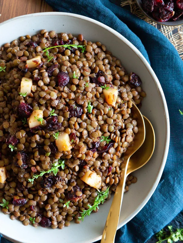 Serving bowl of lentil and cranberry salad variations ready to eat (lentil and cranberry salad variations healthy)