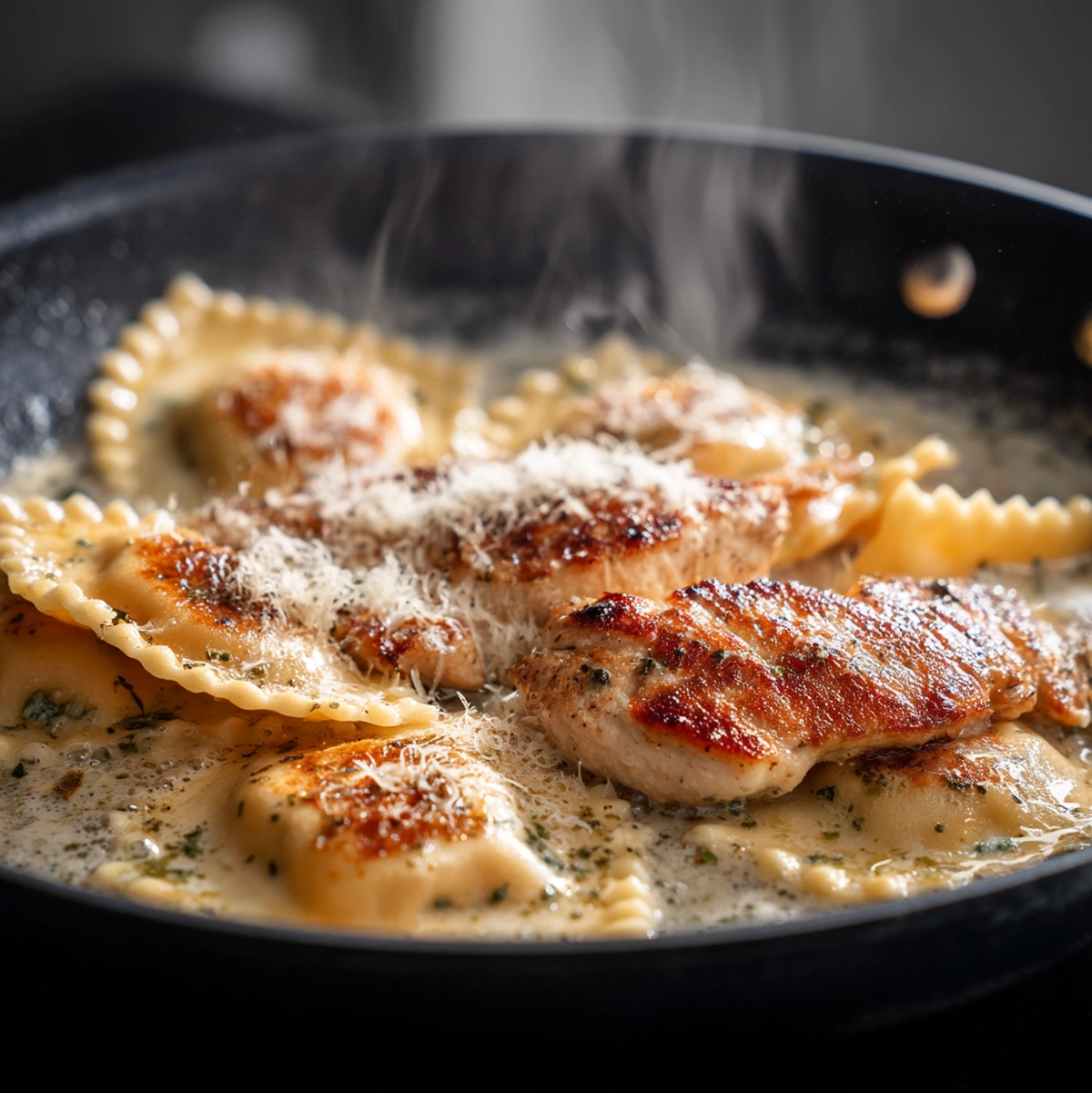 creamy garlic parmesan sauce simmering in a cast iron skillet during marry me chicken ravioli preparation