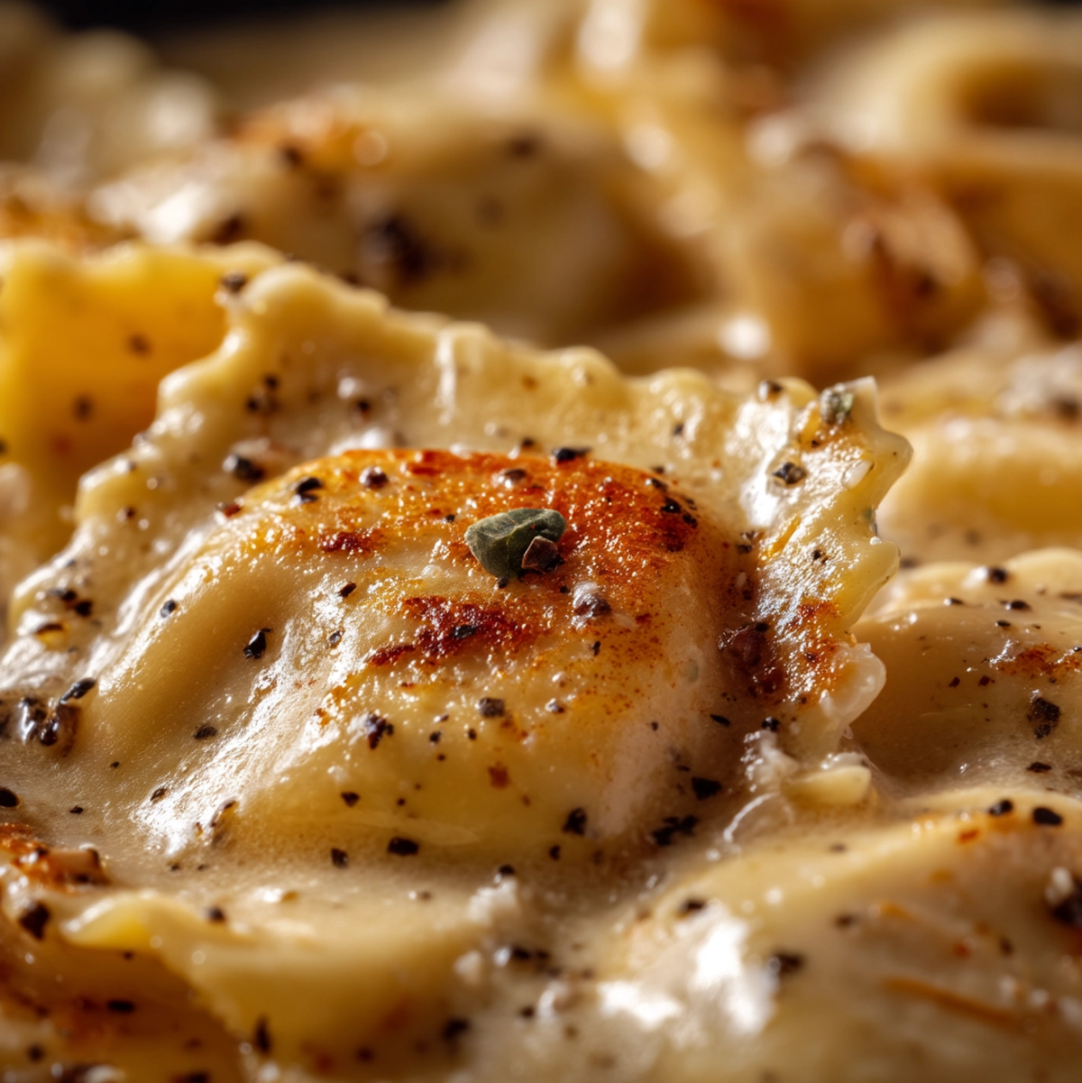 close-up of creamy parmesan sauce coating fresh ravioli with sliced chicken breast in marry me chicken ravioli dish