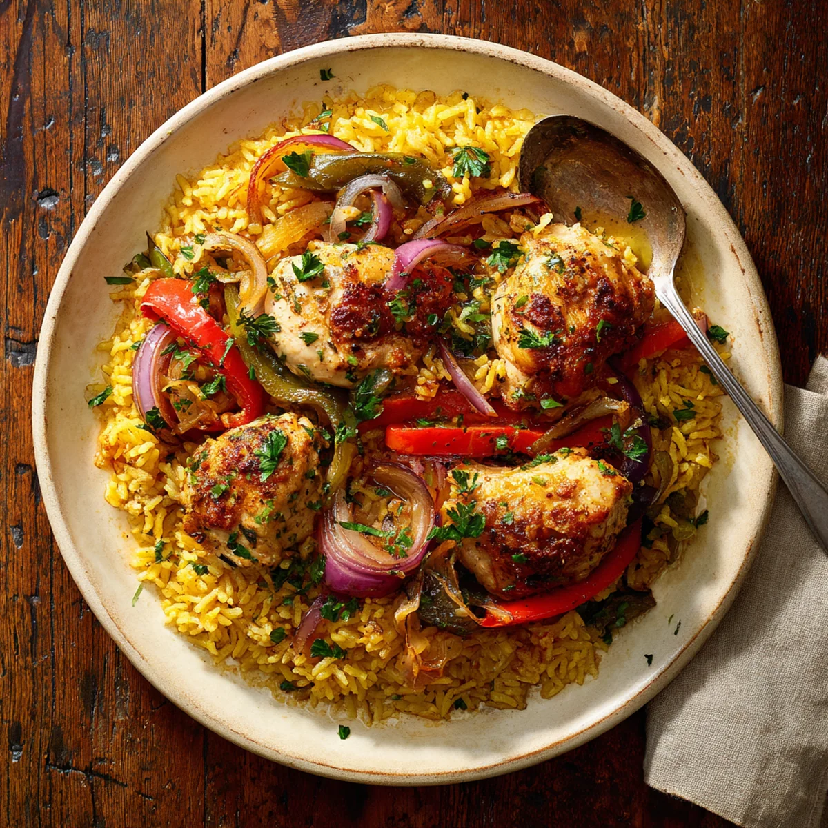 One pot chicken and rice recipe showing the searing process