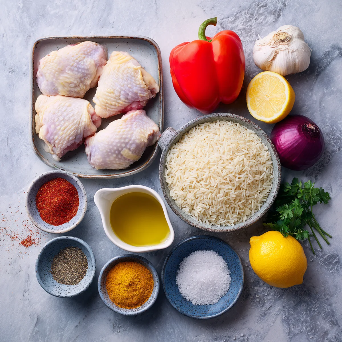 One pot chicken and rice recipe showing golden brown seared chicken