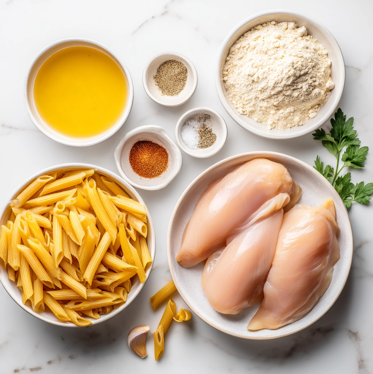 Fresh ingredients laid out for recipe testing — Chef Lucía's mise en place at FrutaMeal