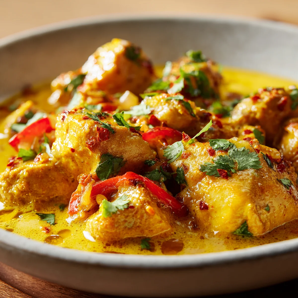 Finished slow cooker chicken curry served over white rice with fresh coriander garnish