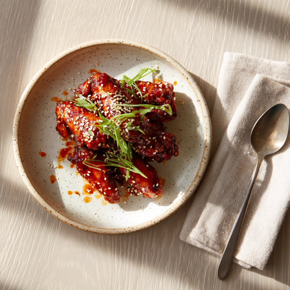 Raw chicken winglets seasoned with paprika being placed into an air fryer basket - spicy korean gochujang chicken wings