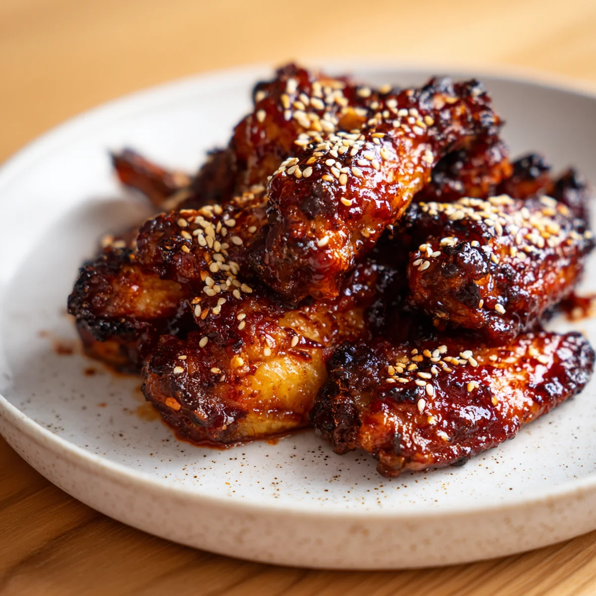 Finished spicy Korean gochujang chicken wings garnished with sesame seeds and green onions