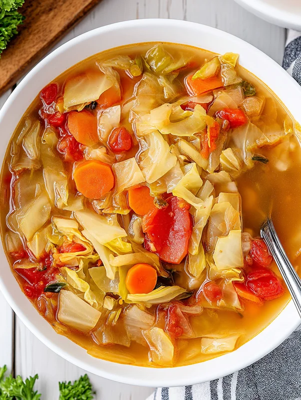 vegetarian cabbage soup recipe simmering in a Dutch oven (Vegetarian Cabbage Soup Recipe)